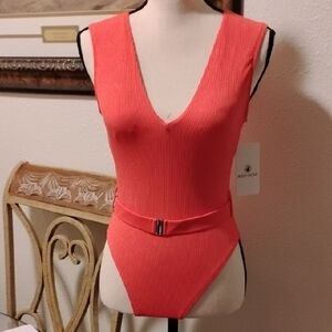 Red V-Neck Bodysuit with Belt